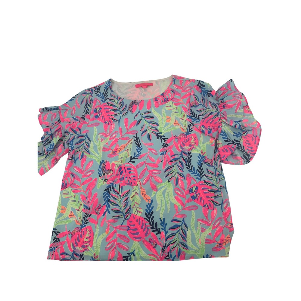 Lilly Pulitzer Ruffle Sleeve Blouse Womens M Coastal Resort Pink Tropical